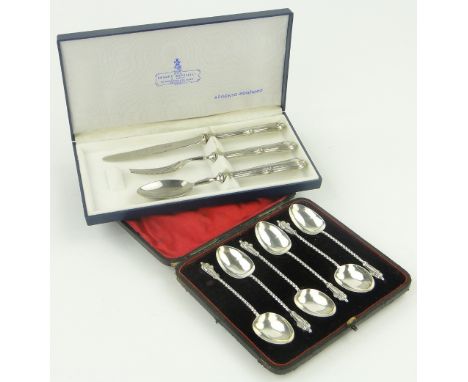 Cased set of 6 silver apostle teaspoons,
by George Unite, Birmingham 1898, and a cased silver handled 3-piece knife, fork and