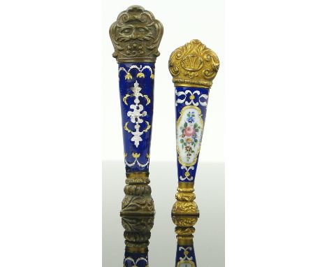 2 19th century gilt metal and enamel desk seals, largest length 3.25".