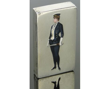 A Victorian novelty silver and enamel vesta case,
the hinged lid having a painted enamel design of a woman explorer holding a