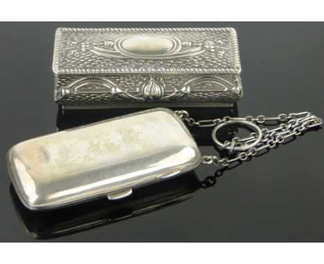 A silver cigarette case on chain,
Birmingham 1914, length 8cm and an Art Nouveau chased silver trinket box, makers marks F & 