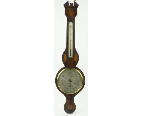 A 19th century mahogany mercury wheel barometer,
with inlaid marquetry and engraved silvered dials by J Matthews of Leighton.