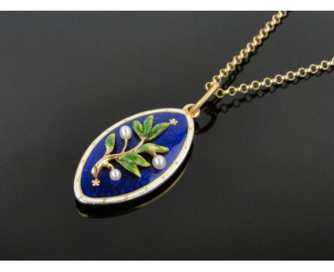 A Victorian unmarked gold pearl and enamel pendant and chain,
with hair panel back, height excl. bale 32mm.
