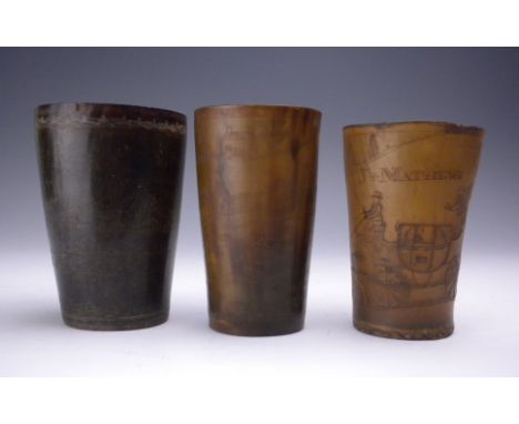 Three early 19th Century horn Beakers, two incised with fox and stag hunting scenes and with name S. POULTER, the third with 