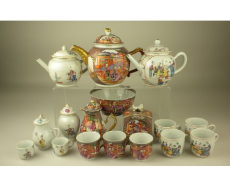 Three Chinese export porcelain famille rose part Tea Services, Qianlong, all decorated with Manchu figures, one set comprisin