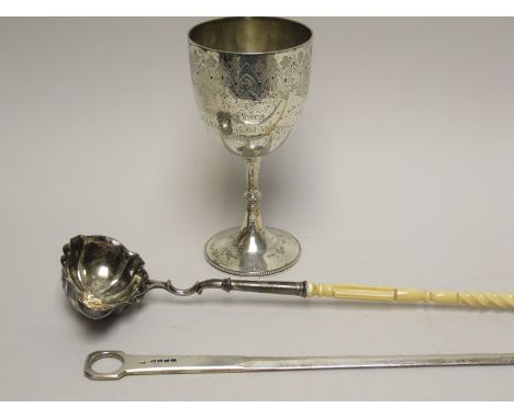 A George III silver Meat Skewer engraved crest, London 1812, maker: S.H., a George II Toddy Ladle with shaped oval bowl and c