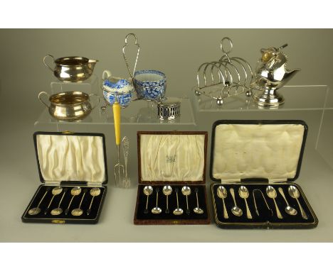 A group of early 20th Century silver and plated items, comprising a George V silver oval Mustard Pot and Spoon, George VI pai