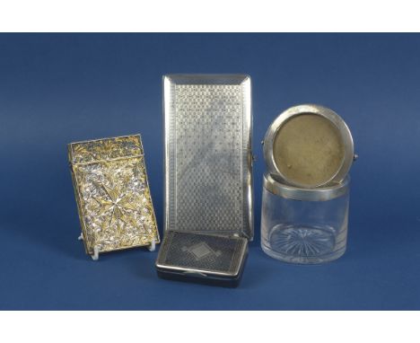 A Russian silver and Niello Snuff Box, a silver Cigarette Case, Birmingham 1915, a patent silver mounted glass Preserve Jar a
