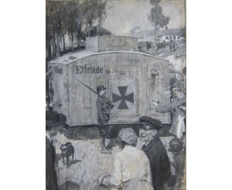 WILLIAM HATHERELL R.I. (1855-1928)A captured German Tank at a French Villagesigned with indistinct initials W.H. (?)grey wash