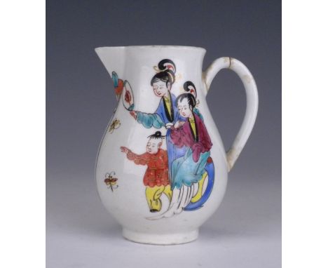 A Worcester sparrow beak Jug, c 1765-75, painted in colours with the ‘Chinese Family’ pattern, grooved strap handle, 3 ½ in h