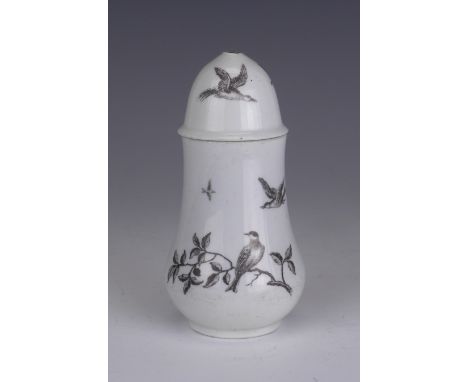 A rare Worcester Robert Hancock printed dry Mustard Pot and Cover, c 1765, of baluster form with domed cover (finial missing)