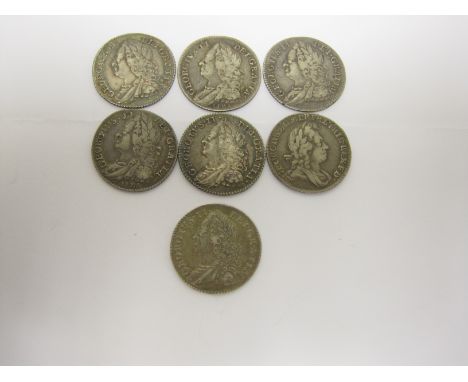 A George I Sixpence 1723 SSC, George II Sixpences 1745 (roses and plumes), 1745 Lima, 1746 and 1757 x 3 (7)