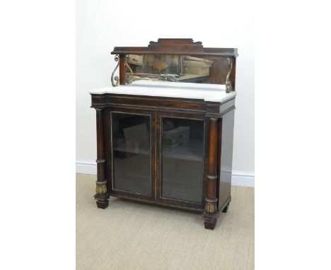 A Regency rosewood Chiffonier with raised shelf having mirror back, white marble top above pair of glazed doors flanked by tu