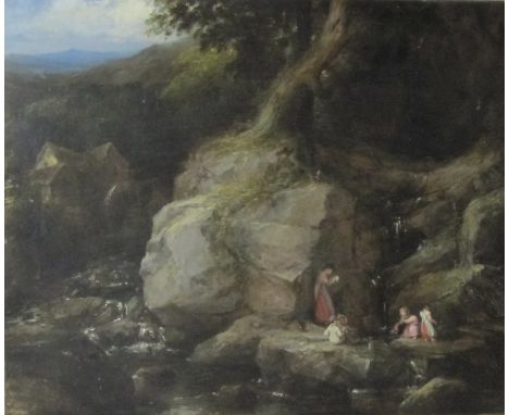BRISTOL SCHOOL CIRCA 1825-1830A wooded Landscape with children playing by a river, a watermill beyondoil on canvas, unframed2