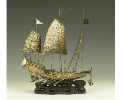 A Chinese silver Model of an War Junk, by LUEN HING (Shanghai), engraved presentation inscription, dated Hong Kong 1921, besp
