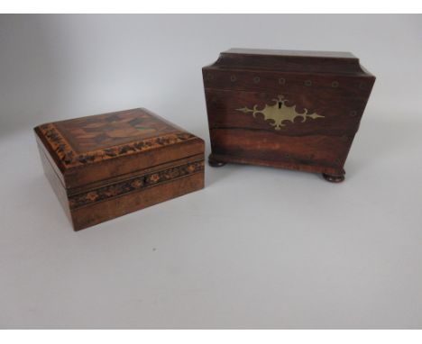 A Regency rosewood Tea Caddy with brass inlay, two ring handles, 7 1/2in, and an early Tunbridgeware square Box with cubed in