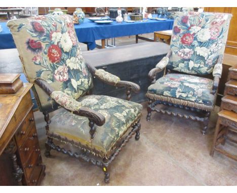 Pair of 17th Century style walnut tapestry upholstered open Armchairs, square backs, acanthus carved arms, barley twist suppo