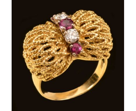 A Ruby and Diamond Ring, the woven effect plaque claw-set three round rubies interspersed with two brilliant-cut diamonds, ma