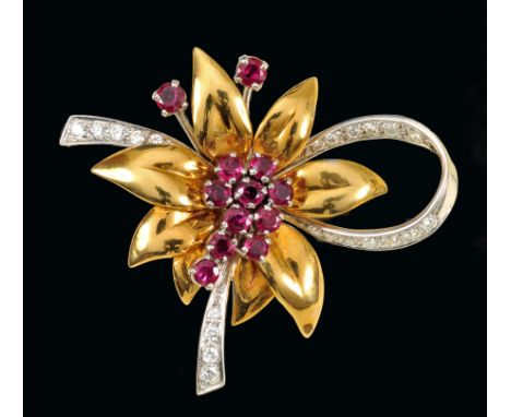 A Ruby and Diamond Flower Spray Brooch claw-set twelve round rubies and pavé-set brilliant-cut diamonds in 18ct yellow and wh