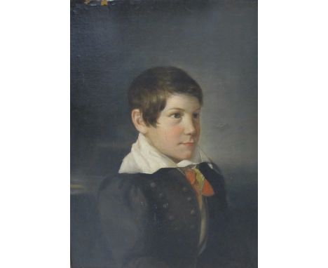 AUSTRIAN SCHOOL CIRCA 1830Portrait of a boyquarter-length, wearing a dark brown jacket and white collar, a landscape beyondoi