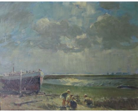 ‡HARRY FRECKLETON (1890-1979)Children playing by a boatsigned ‘H. Freckleton’ (lower left)oil on canvas16 x 20in (40.6 x 50.8