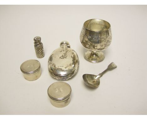 A Victorian silver mounted Spirit Flask, Birmingham 1890, a Caddy Spoon fiddle pattern, London 1838, pair of engine turned Pi