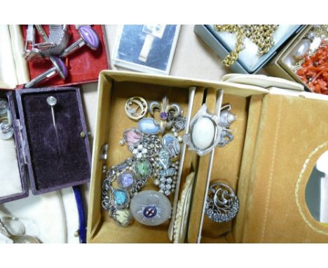 A collection of vintage costume jewellery including gents cufflinks, Wedgwood earrings, Silver charms, beads, brooches, neckl