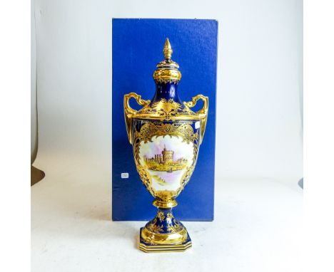 Coalport Two handled gilded vase &amp; cover, Royal Commemorative Silver Jubilee trophy vase hand painted By Derek Shapiro in