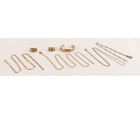 A collection of 9ct gold broken ring, earrings and necklaces, 11.3g.