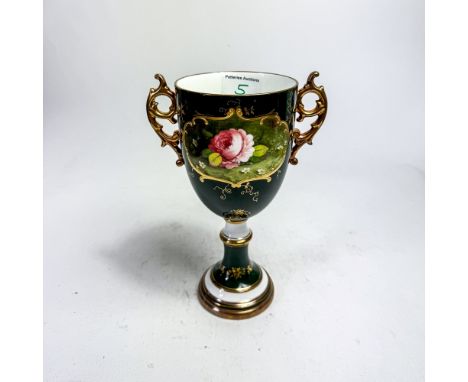 Coalport two handled gilded vase, hand painted with roses by S Woodward, h.23cm.