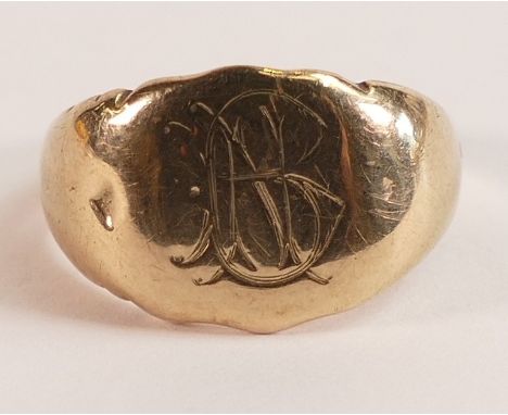 yellow metal gents signet ring, size Q, worn hallmark, tests to be 9ct or higher carat, 6.9g.