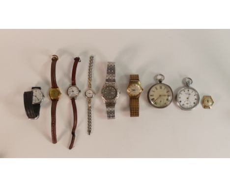 A collection of old watches including Old English Silver Lever pocket watch, Samuel Everite stainless steel pocket watch (mis