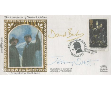 Jeremy Brett (1933-1995) and David Burke (1934-). A signed The Adventures of Sherlock Holmes small Benham Silk FDC. Jeremy Br