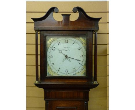 AN EARLY 19th CENTURY OAK & CROSSBANDED MAHOGANY LONGCASE CLOCK by Burton, Uttoxeter, the 12 ins square dial set with Arabic 