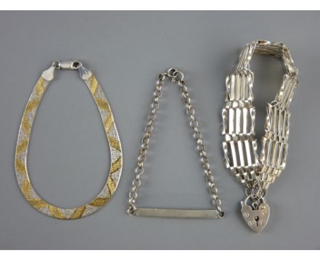 THREE SILVER BRACELETS including a five bar gate bracelet with padlock clasp, an identity bracelet and a silver and gilt Milo