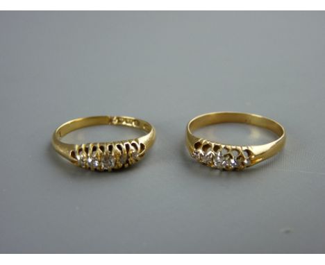 AN UNMARKED GOLD DRESS RING with five small diamonds, 2.5 grms and an eighteen carat gold dress ring with five tiny diamonds,