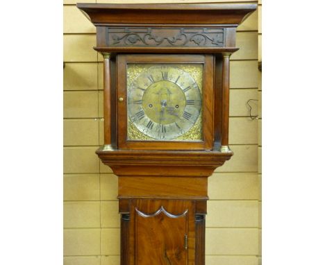 A SMALL GRANDFATHER CLOCK, a finely patinated mahogany longcase clock having a square hood with fretwork decoration and turne