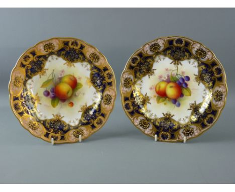 A PAIR OF ROYAL WORCESTER FRUIT DECORATED CABINET PLATES, signed A Shuck, having shaped edges, cobalt and pink rims with gilt