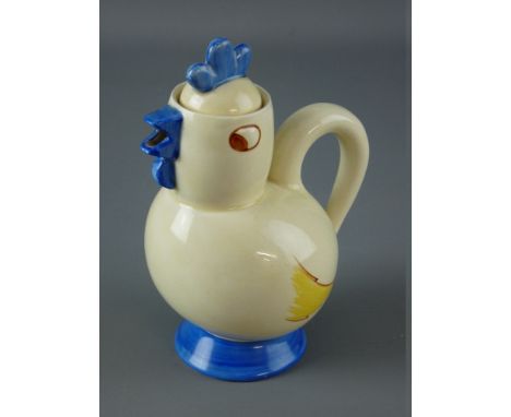 A CLARICE CLIFF 'BIZARRE' NURSERY WARE TEAPOT in the form of a chicken, handpainted on a cream ground, the beak forming the s