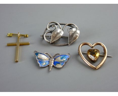 A NINE CARAT GOLD PLAIN CRUCIFIX, 1.9 grms, a heart shaped believed gold brooch with pendant stone, twin leaf silver brooch a