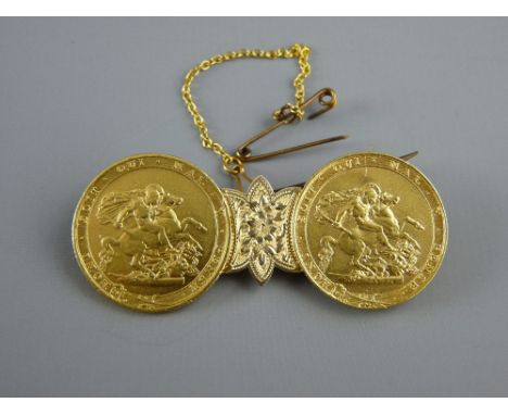 TWO GEORGE III GOLD SOVEREIGNS, 1817 and 1820 conjoined to form a brooch with pin and safety chain, 18 grms gross