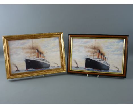 A PAIR OF CAUGHLEY PORCELAIN PLAQUES depicting The Titanic leaving Southampton after the original by Paul English, ex Royal W
