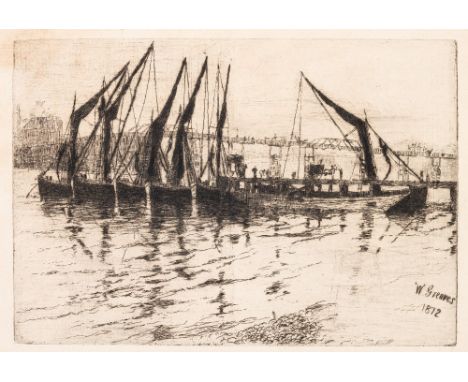 WALTER GREAVES (1846-1930) COAL BARGES UNLOADING signed &amp; dated in plate W. Greaves 1872 etching Image 13.7 x 20.0cm / 5 