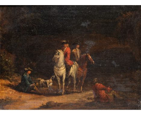 FLEMISH SCHOOL (18th CENTURY) THE HUNTING PARTY oil on canvas 31.0 x 41.0cm / 12 x 16in
