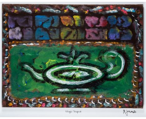 RICHARD JAMES (b.1937) MAGIC TEAPOT with vinyl signature l.r. oil on canvas 67.0 x 90.8cm / 26 1/4 x 35 3/4in