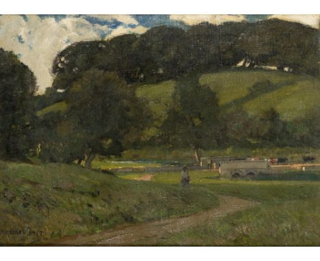 SIR ALFRED EAST, R.A., R.I., P.R.B.A., R.P.E. (1849-1913) THE BRIDGE ON THE MILL POND, UPPER SWELL, GLOUCESTERSHIRE signed l.