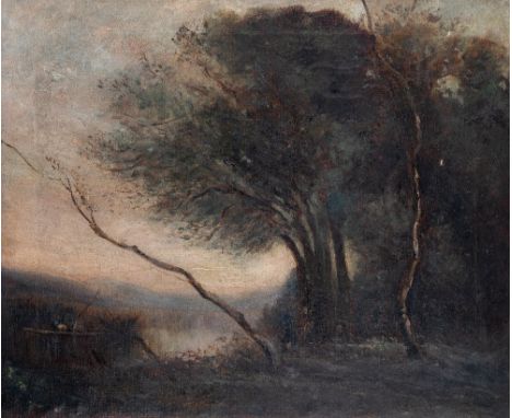 AFTER JEAN-BAPTISTE-CAMILLE COROT THE LEANING TREE TRUNK inscribed on reverse oil on canvas 46.0 x 56.0 / 18 x 22in unframed 