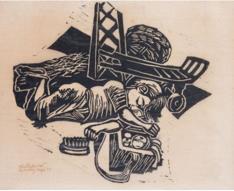 • ATTRIBUTED TO CHITTAPROSAD BHATTACHARYA  (1915-1975) THE TIRED SHOESHINE BOY signed, inscribed and dated l.l.  Chittaprosad