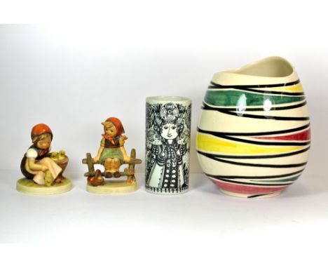 A Royal Norfolk 1960's vase, a Nymolle Danish vase and two Hummel figures.