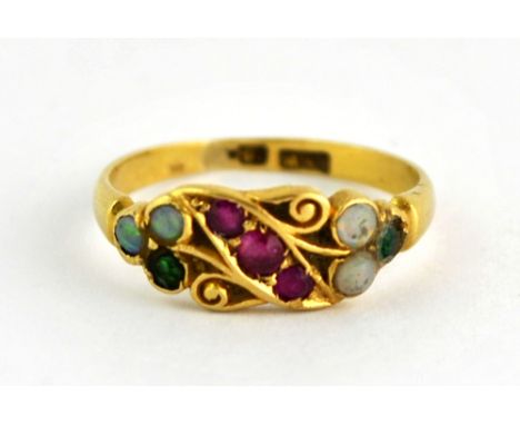 An antique 18ct gold opal, ruby, emerald and sapphire ring (J).