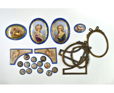 A quantity of 19th century French hand painted porcelain portrait panels and some gilt frames.